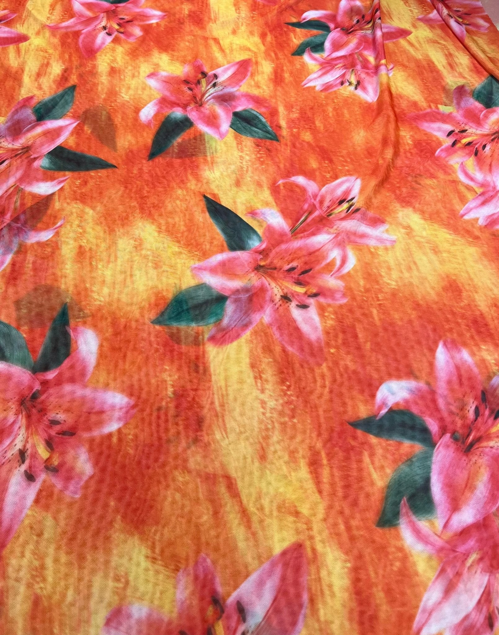 Bright Orange Pink Floral Print Mesh Fabric Stretch - T9 Fabrics